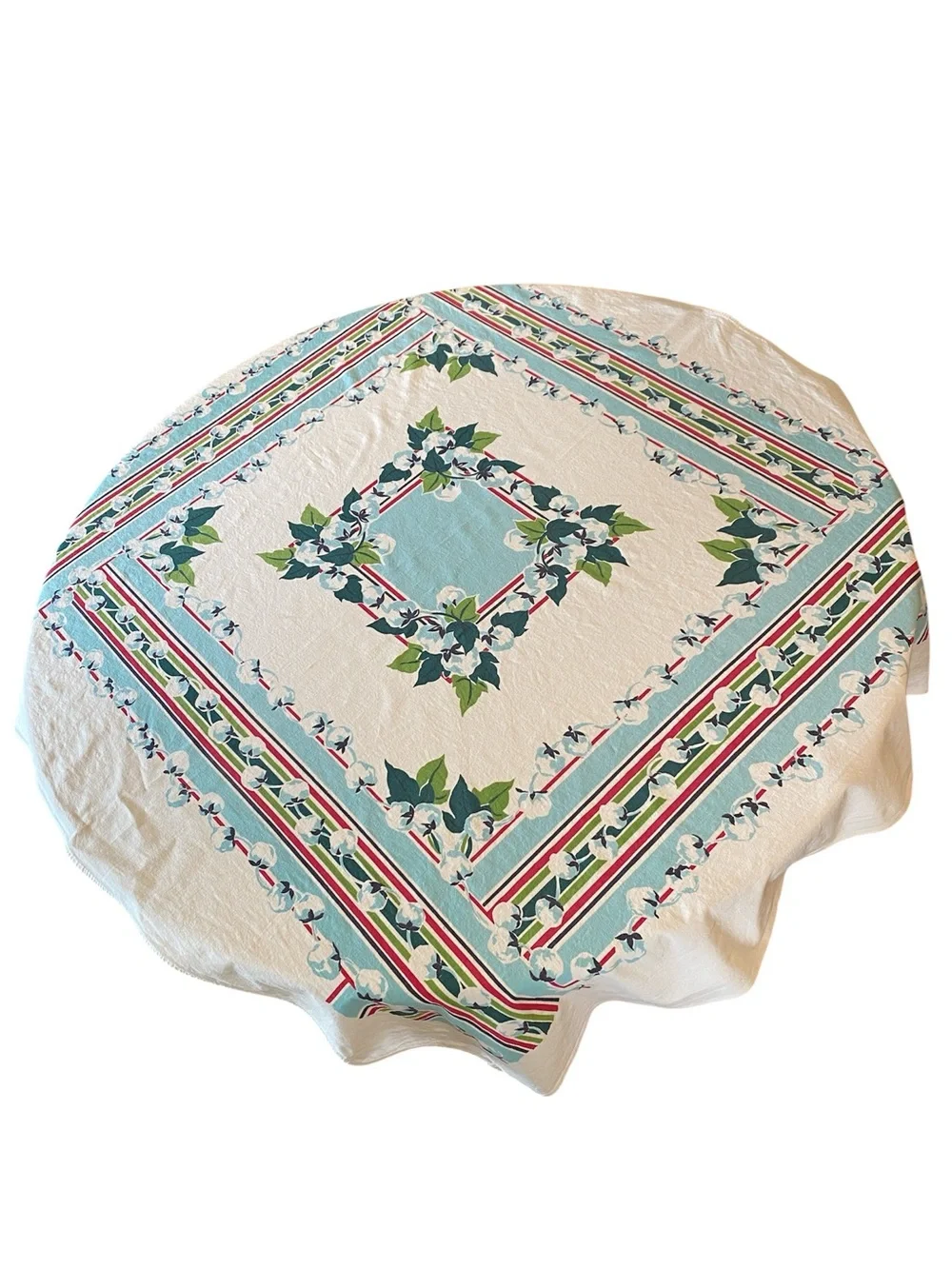 VINTAGE 1940s/50s Cotton Tablecloth - Blue Floral Border approx 47x52 - Picture 5 of 8